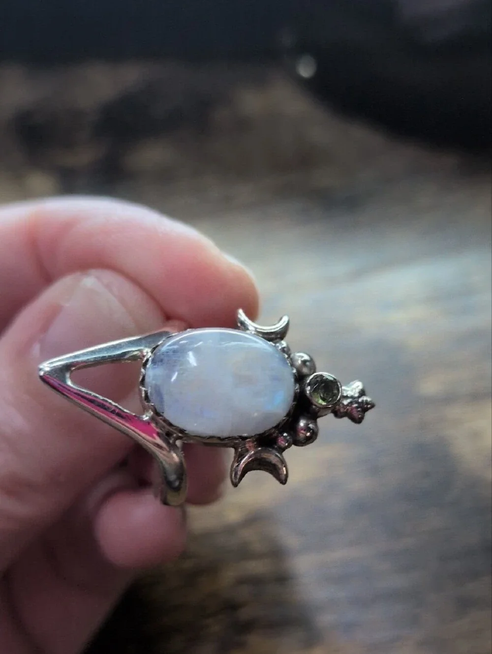 Silver Moonstone and Peridot Statement Ring - Moonlight Glow